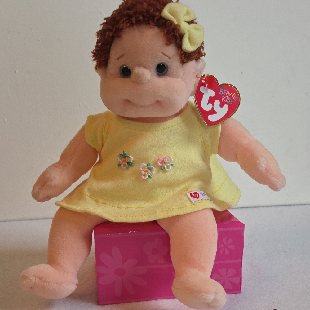 Ty Beanie Kids Plush Curly Doll in Yellow Dress Blue Eyes